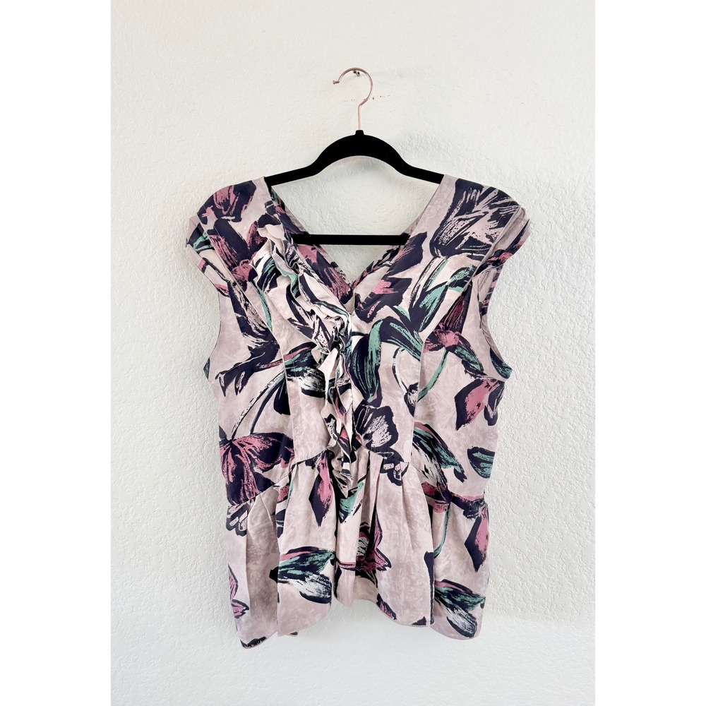 Marni Sleeveless Top Silk Floral Print Ruffle Peplum Blouse Mauve Green V-Neck